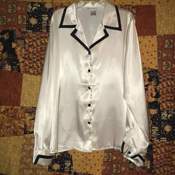 dressbarn Tops - Polyester Satin Finish Black Trimmed Blouse